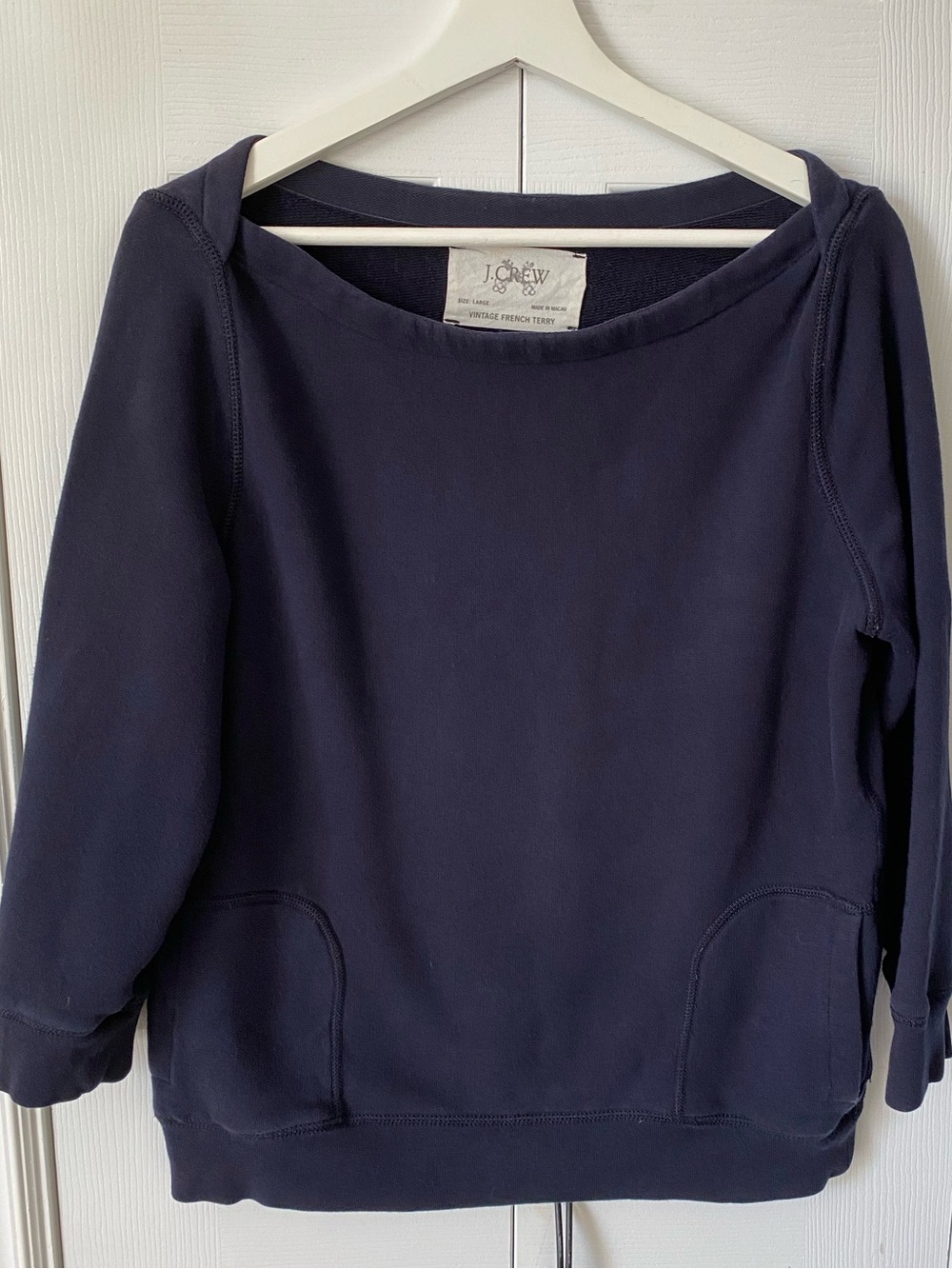 J. Crew Vintage French Terry Navy Boatneck Pullover Sweatshirt pockets Size L